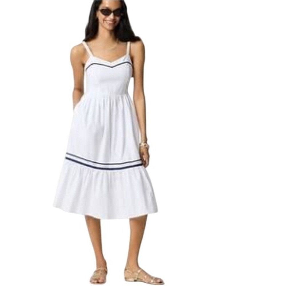 J.Crew White Navy Blue Trim Poplin Midi Dress Smocked Back Pockets Sz 8 NWT $128